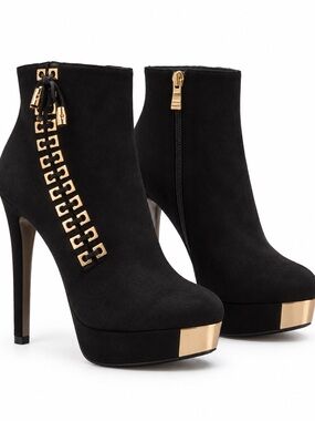 Black Suede Platform Ankle Boots with Gold Accent